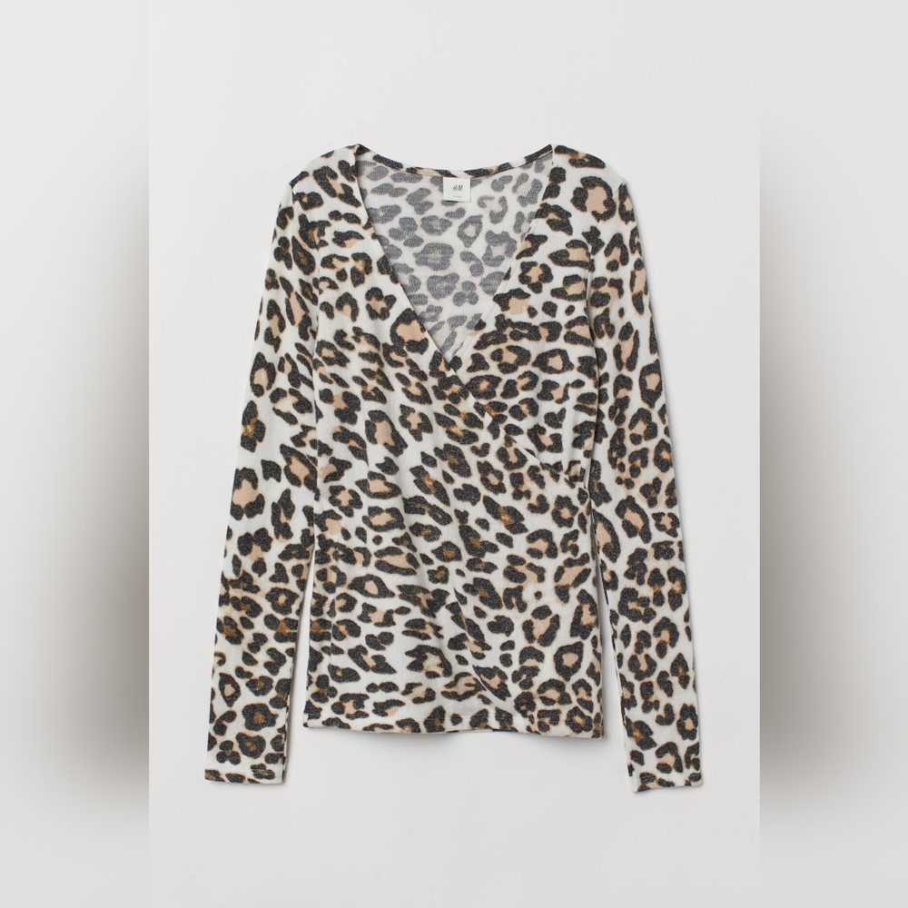 H&M Leopard-Print Faux Wrap Long Sleeve Top NWT